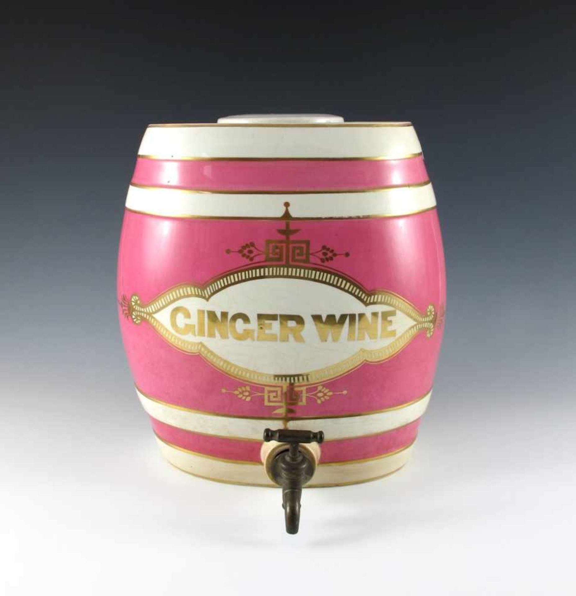 Porzellanfass "Ginger Wine". Himbeerfarben und golden staffiert. Messinghahn. England, 19. Jh. H