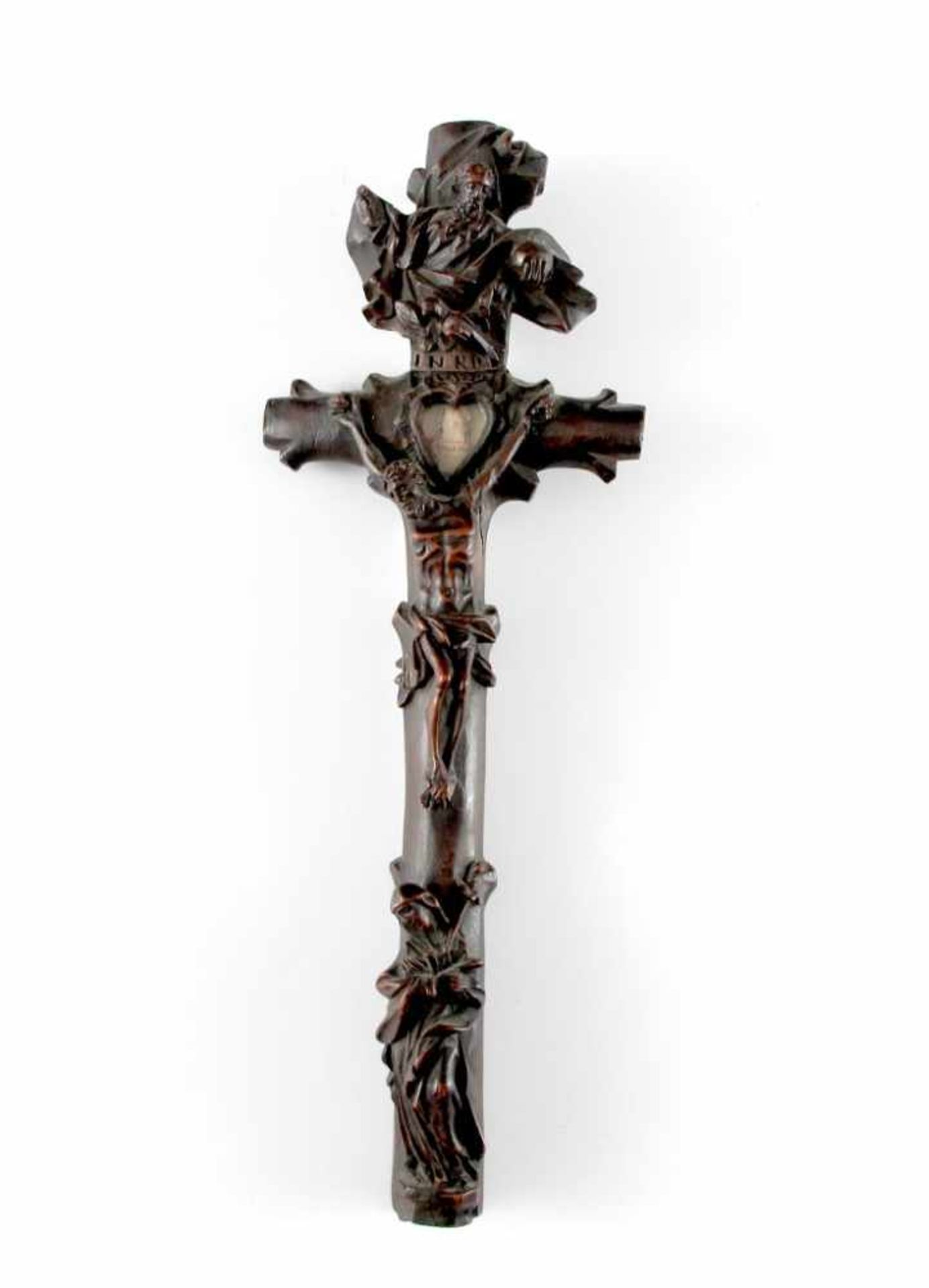 Reliquienkreuz. Gott Vater, Christus und Maria, Agnus Dei. Um 1800. H 29,5 cm