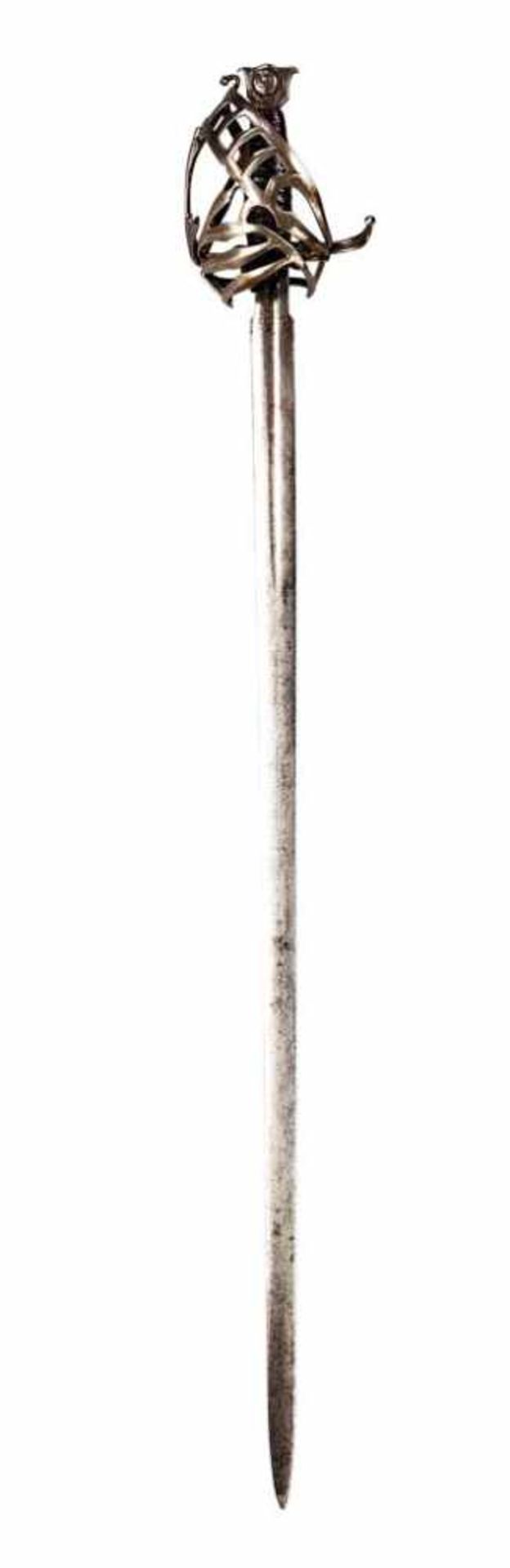 Schiavona mit gerader zweischneidiger Klinge; in der kurzen Kehlung Marke und in Kupfer