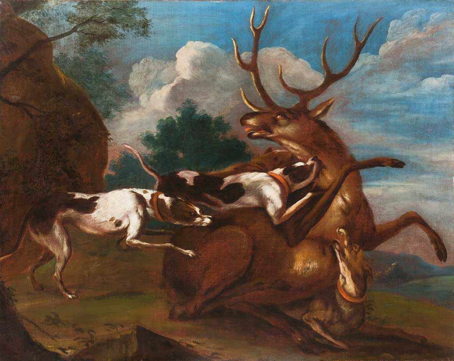 Paul de Vos. 1595 Hulst - 1678 Antwerpen. Umkreis. Drei Jagdhunde stellen einen Hirsch in