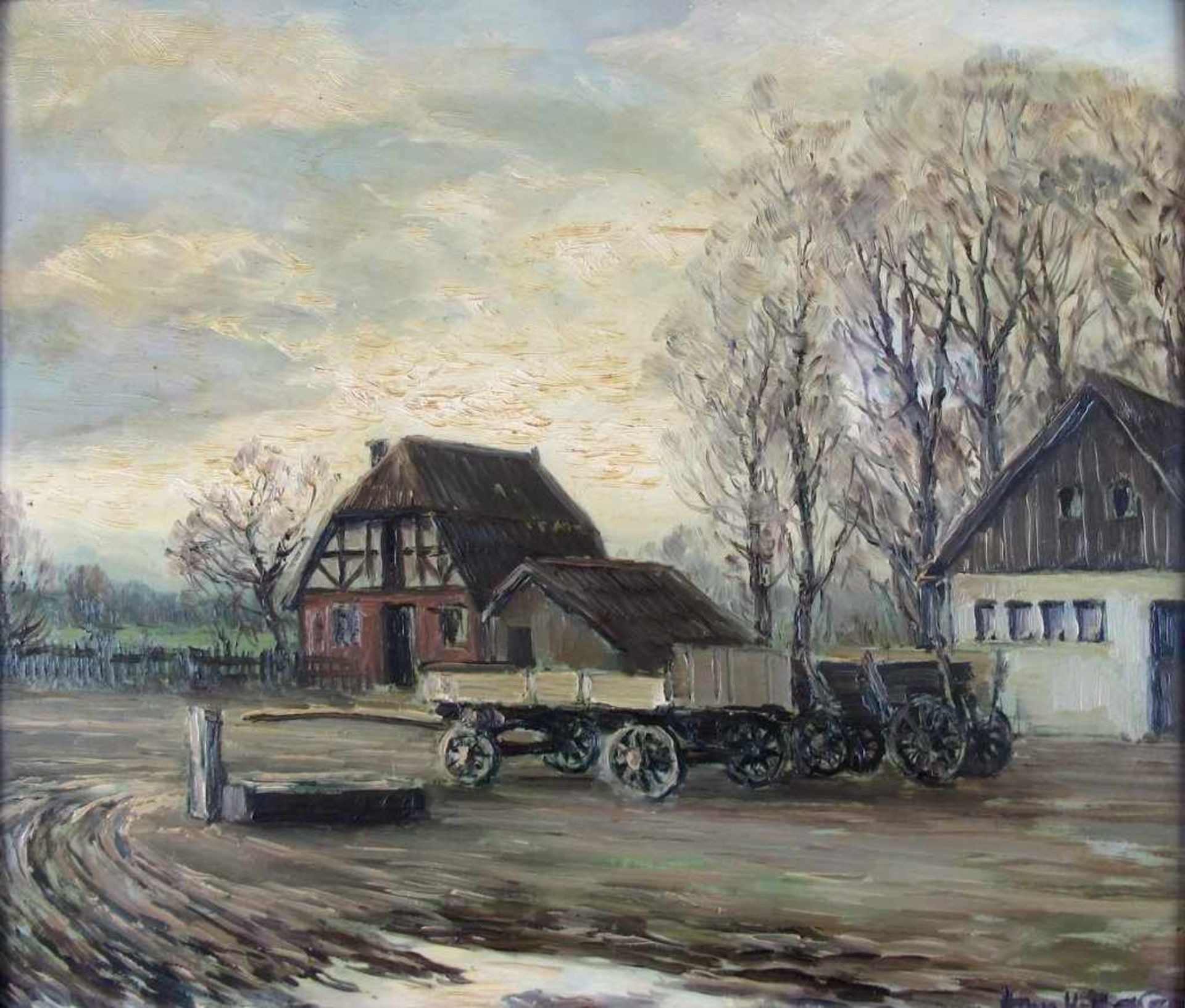 Hans K. Baier. 1918 Ulm - 1976 Oberstdorf. Sign. Herbstliche Stimmung auf einem Hof mit