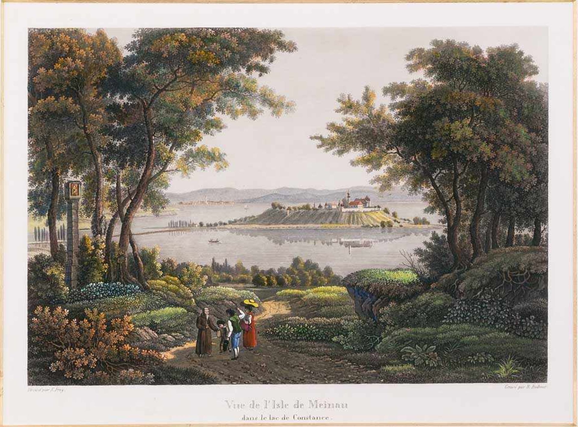 Mainau. "Vue de l'Isle de Meinau dans le lac de Constance". Kol. Aquatinta von Rudolf Bodmer nach