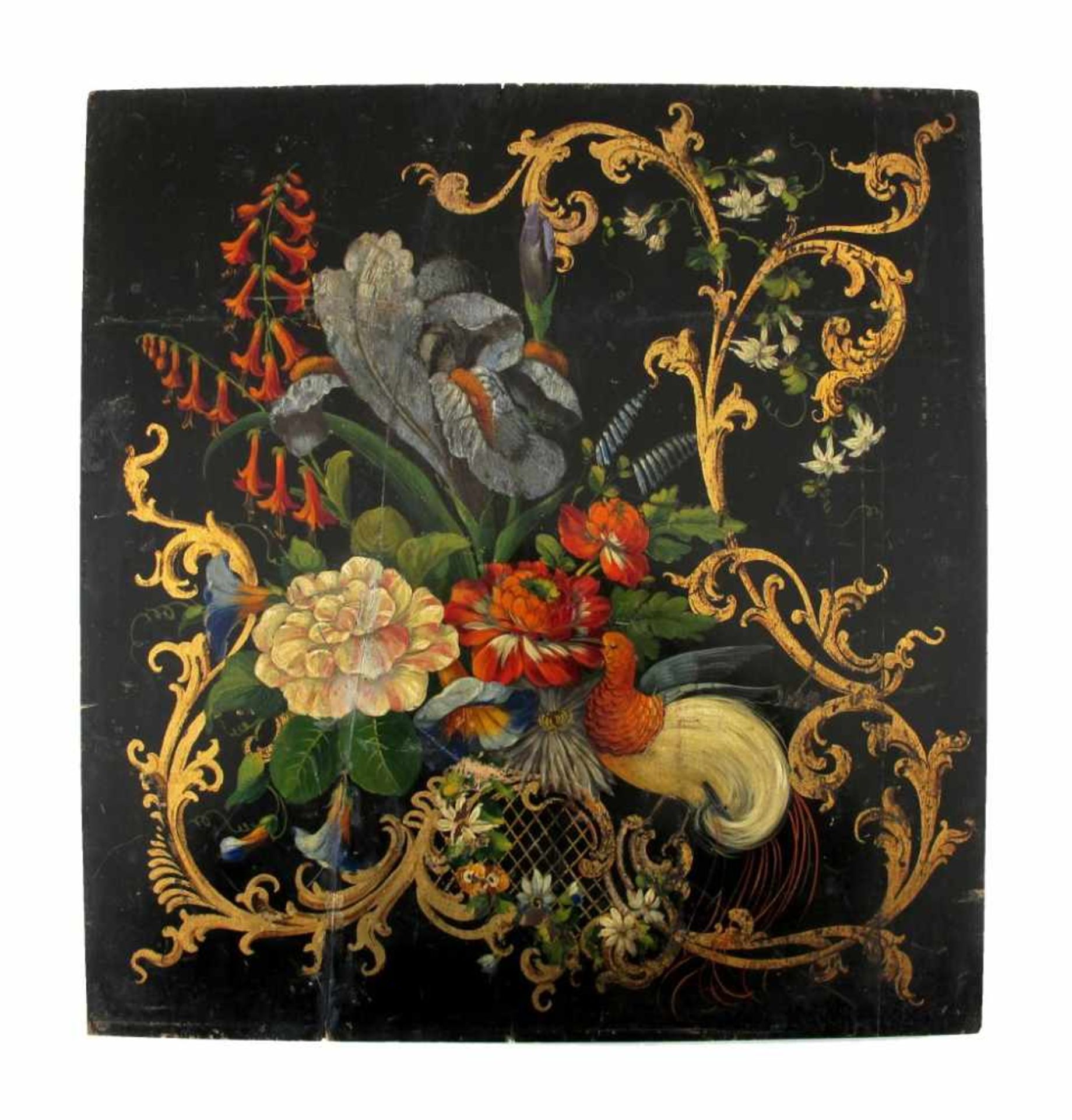 Wandpaneel. Auf schwarzem Grund polychrome Malerei mit Blüten, Vogel und Goldranken. Um 1900. 35 x