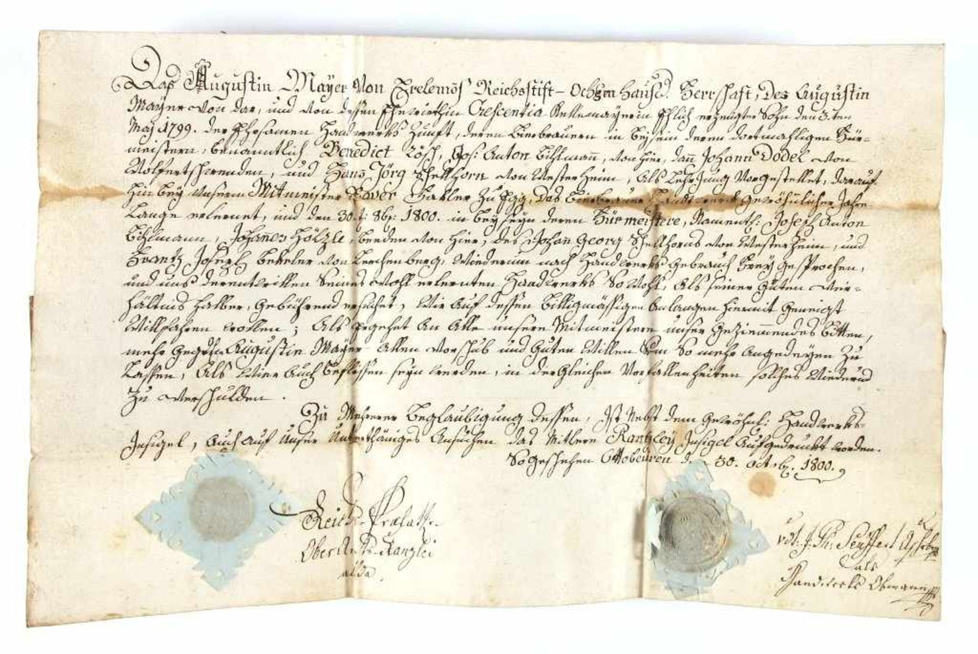 Handwerk: Ottobeuren-Urkunde: Freisprechungsbrief (Lehr-Attestat) für Augustin Mayer von