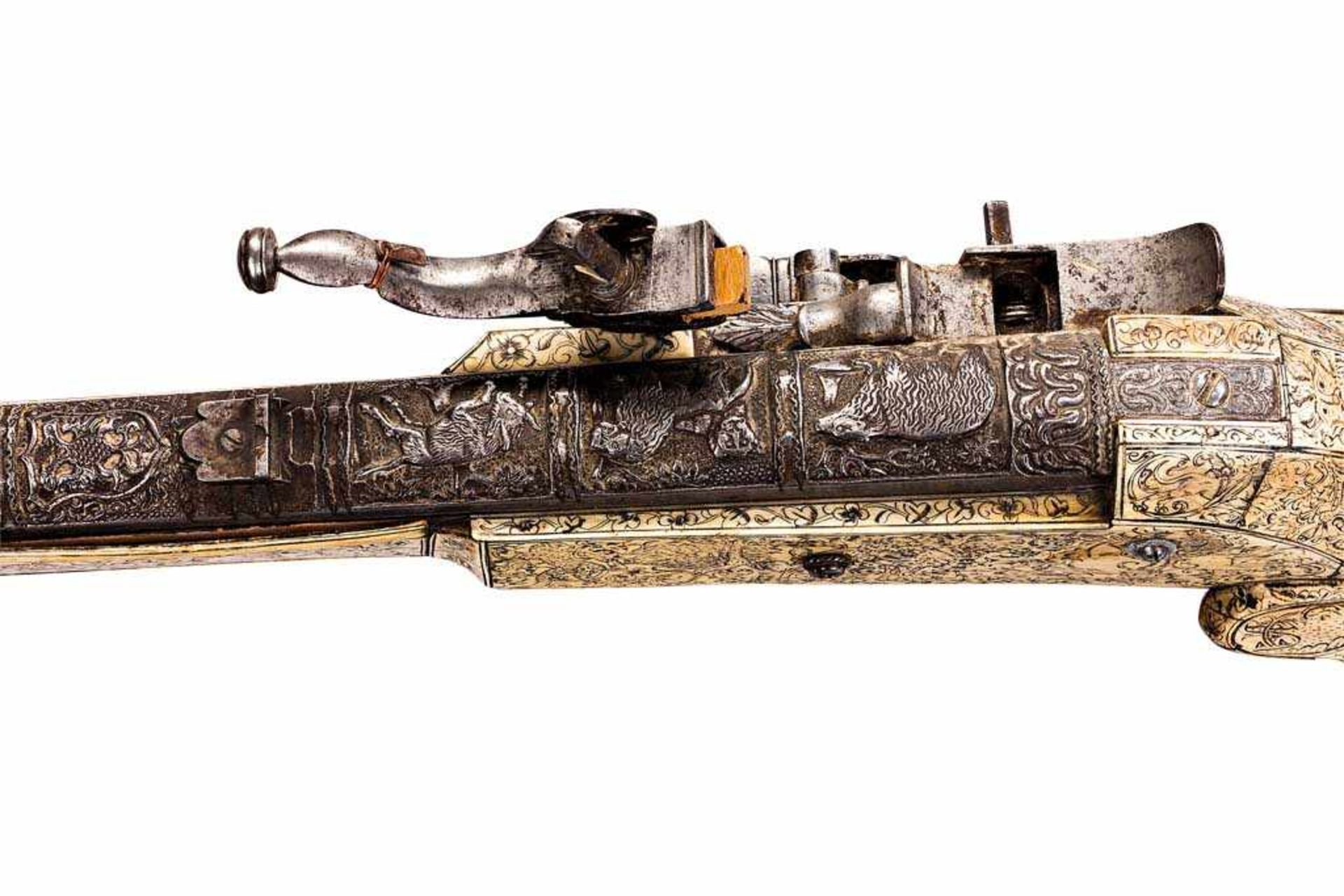 Radschlossbüchse. Schwerer Eisenlauf mit Zügen im Kal. 17 mm, auf der Oberseite in reliefiertem - Image 7 of 9