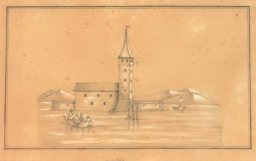 Lindau. Blick auf den Mangturm. Weiß gehöhte Bleistiftzeichnung. Frühes 19. Jh. Bildgr. 19,5 x 33,