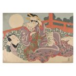 Shunga-Blatt. Liebespaar bei Vollmond. Farbholzschnitt. Japan, um 1880. Oban yoko-e