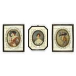 Drei Portraitminiaturen; zwei Damenportraits, ein Herrenportrait. Um 1920. Oval, 8,2 x 6 cm. Jew. in