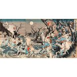 Farbholzschnitt. Reiterschlacht an einem Fluss. Japan, Anf. 20. Jh. Oban tate-e Triptychon.