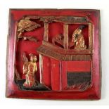 Kassettenrelief mit Figuren. Holz gefasst. China, 19. Jh. 24 x 25 cm