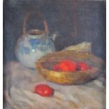 Maler um 1920. Undeutlich sign. Stilleben mit Obstkorb und Teekanne. Öl/Lwd. 36 x 35 cm. R