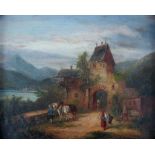 Maler Mitte 19. Jh. Anwesen mit Torbogen und Figurenstaffage an einem See in Voralpenlandschaft.