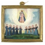 Ex Voto 1834. Madonna erscheint einer knienden Familie. Öl/Holz. 18 x 21 cm