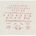 Stickmustertuch der Margarethe Faulmann. Rote und weiße Stickerei auf Batist. 19. Jh. 31 x 31 cm.