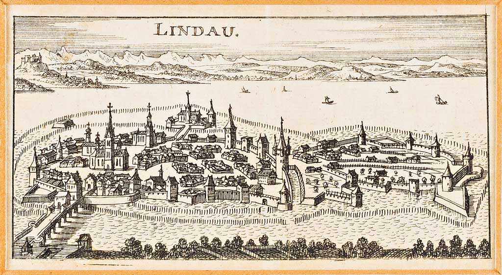 "Lindau". Gesamtansicht aus der Kavalier-Perspektive. Kupferstich bei Christoph Riegel Nürnberg,