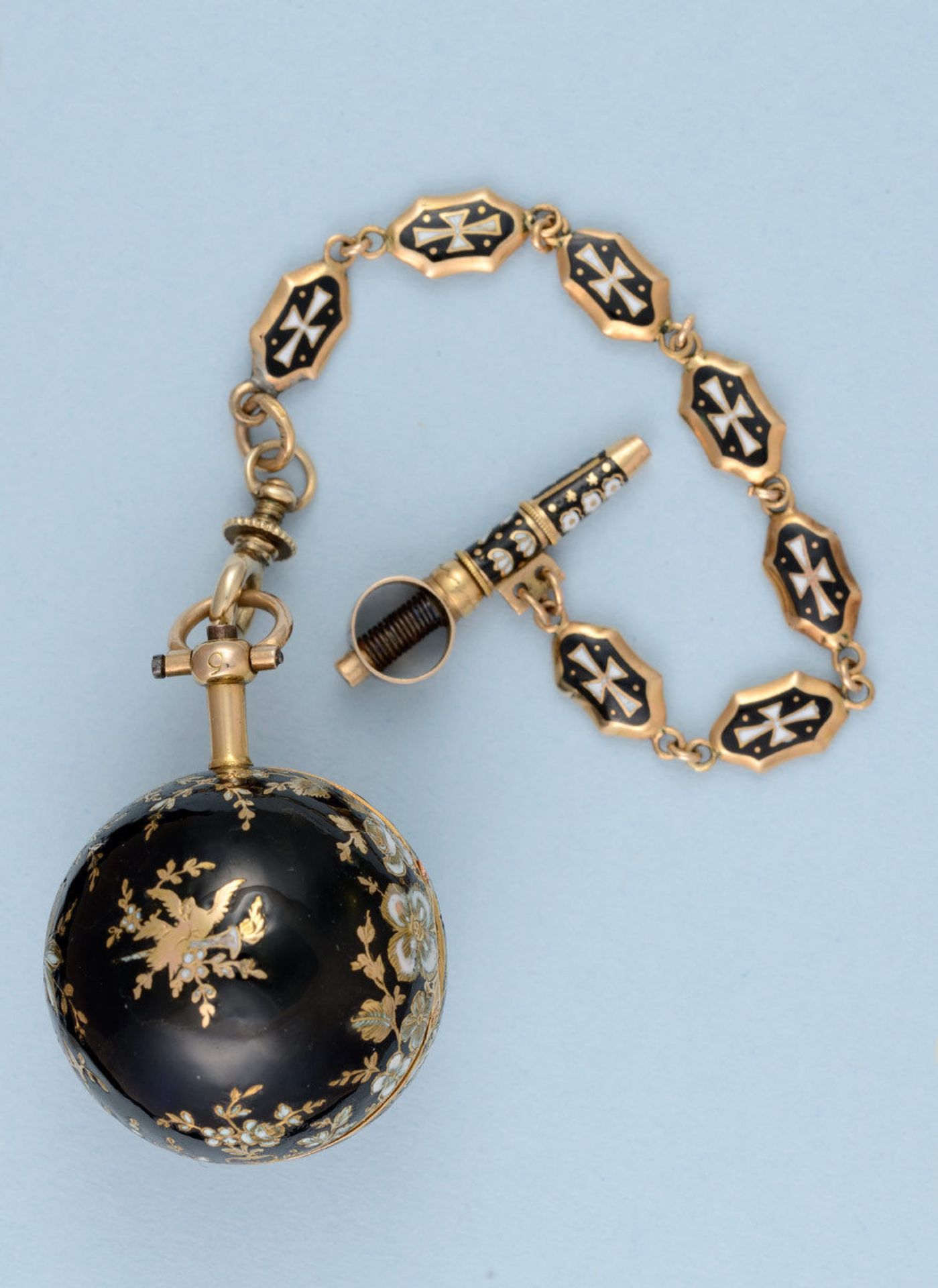 Gold and Enamel Verge Ball Watch and Chain - Image 2 of 7
