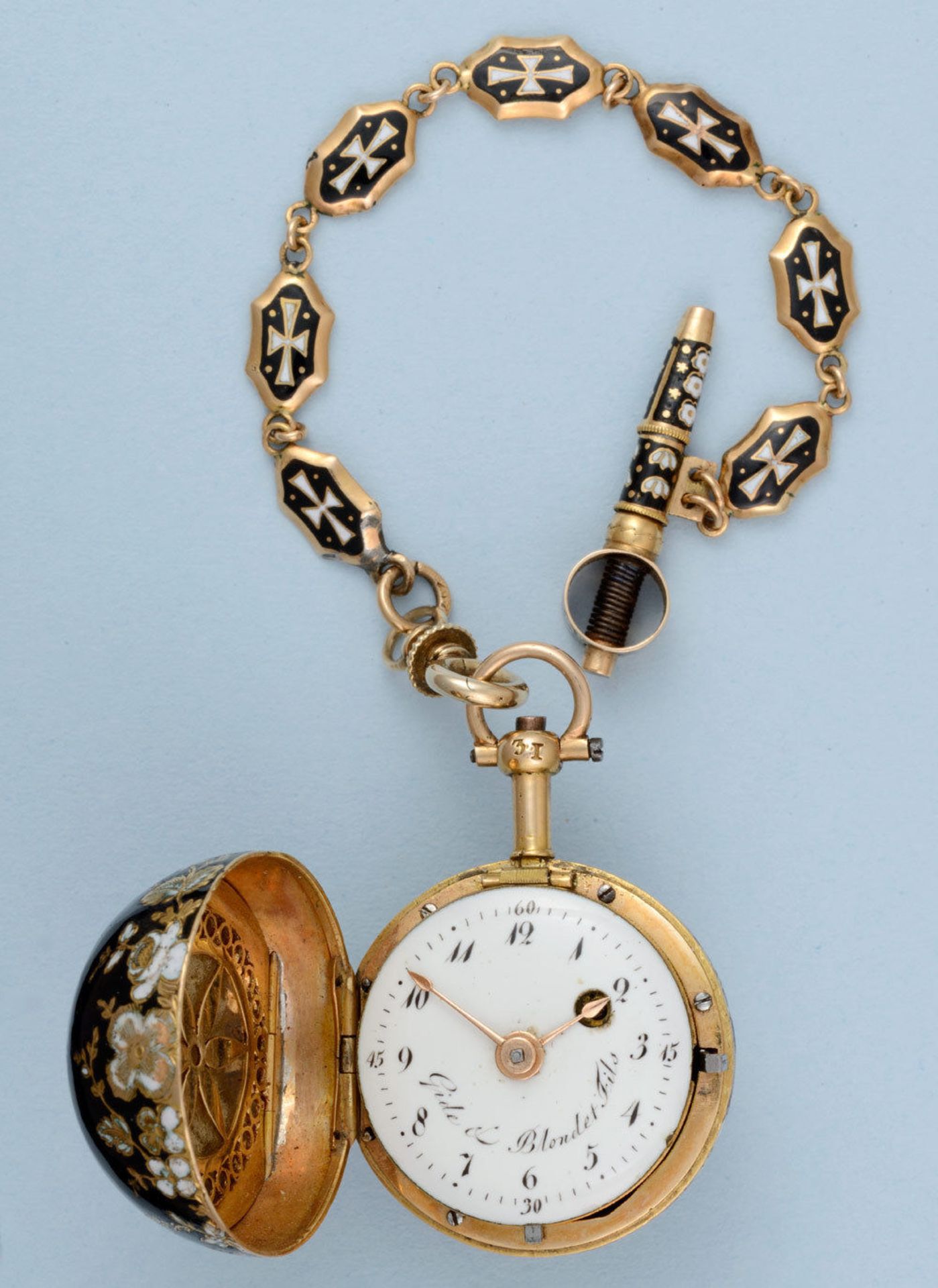 Gold and Enamel Verge Ball Watch and Chain - Image 4 of 7