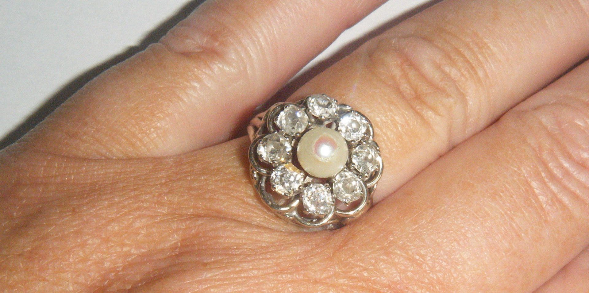 Antique 18ct Gold Diamond Platinum Pearl Ring - Image 2 of 4