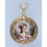 Gold Quarter Repeating French Cylinder Pocket Watch With Fine Enamel Miniature