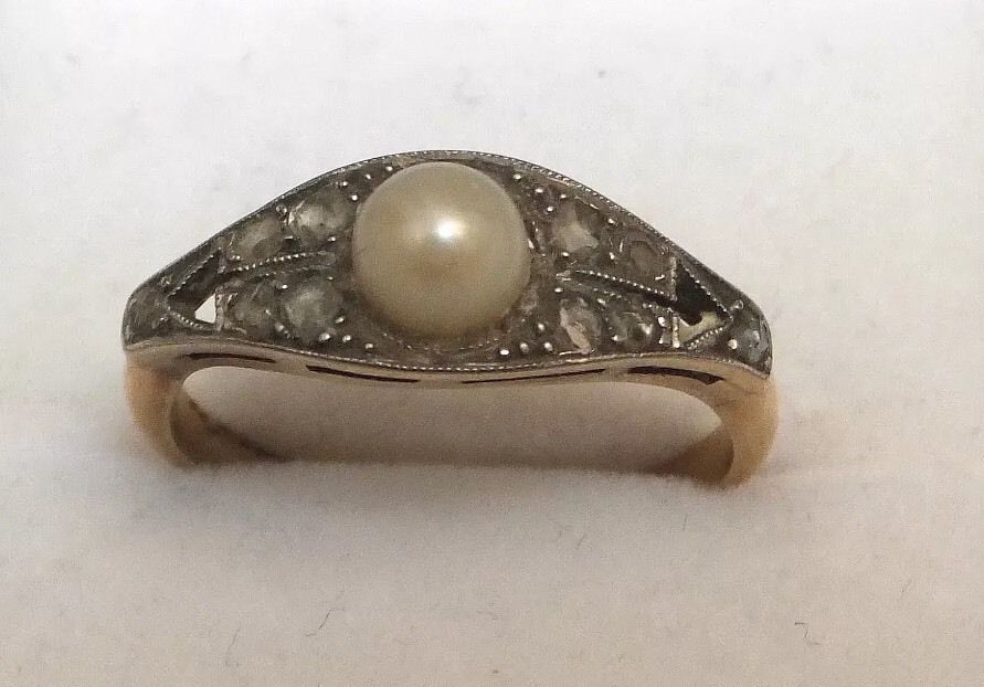 Antique 18ct Gold Rose cut Diamond Platinum Pearl Ring - Image 2 of 6