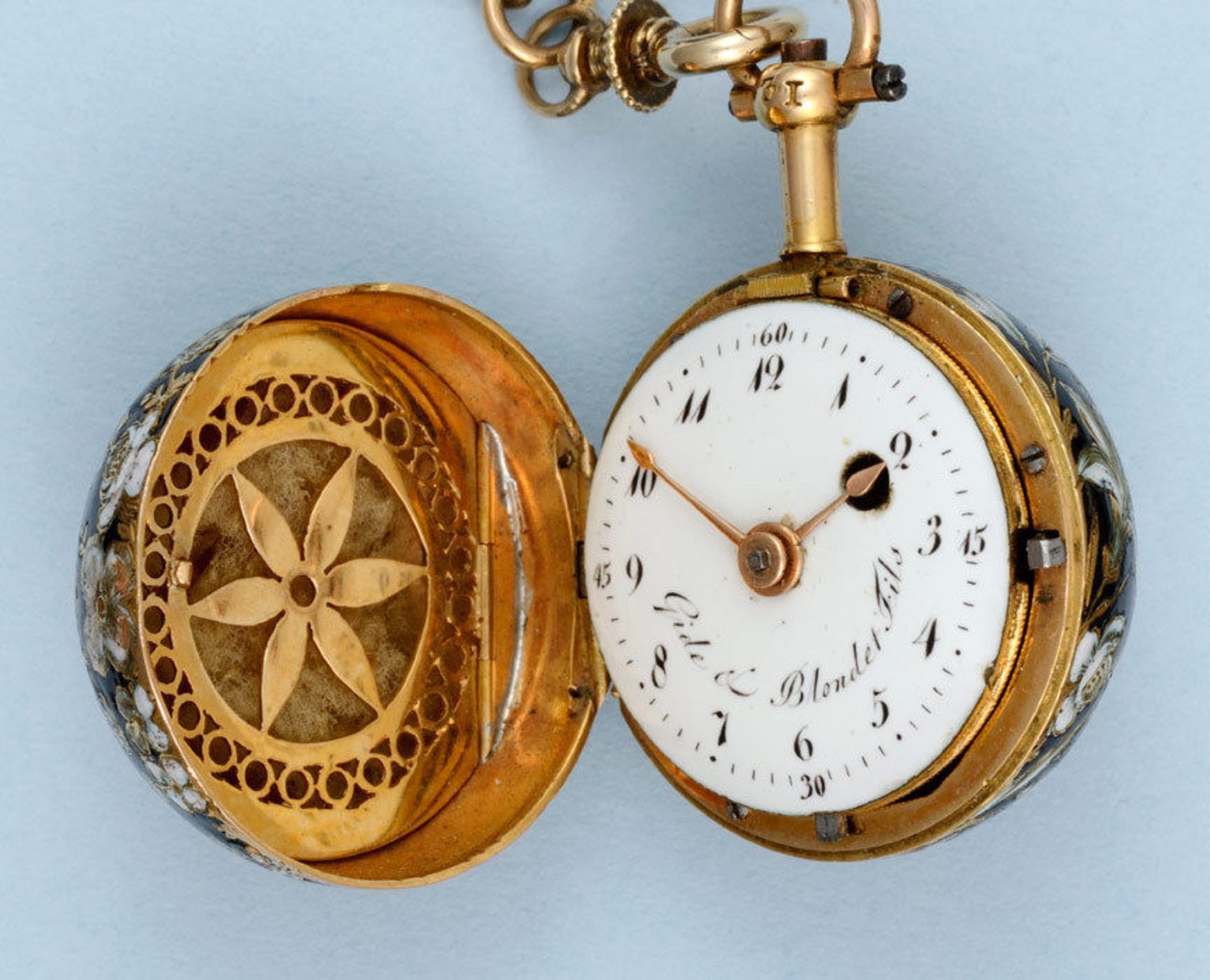 Gold and Enamel Verge Ball Watch and Chain - Image 6 of 7