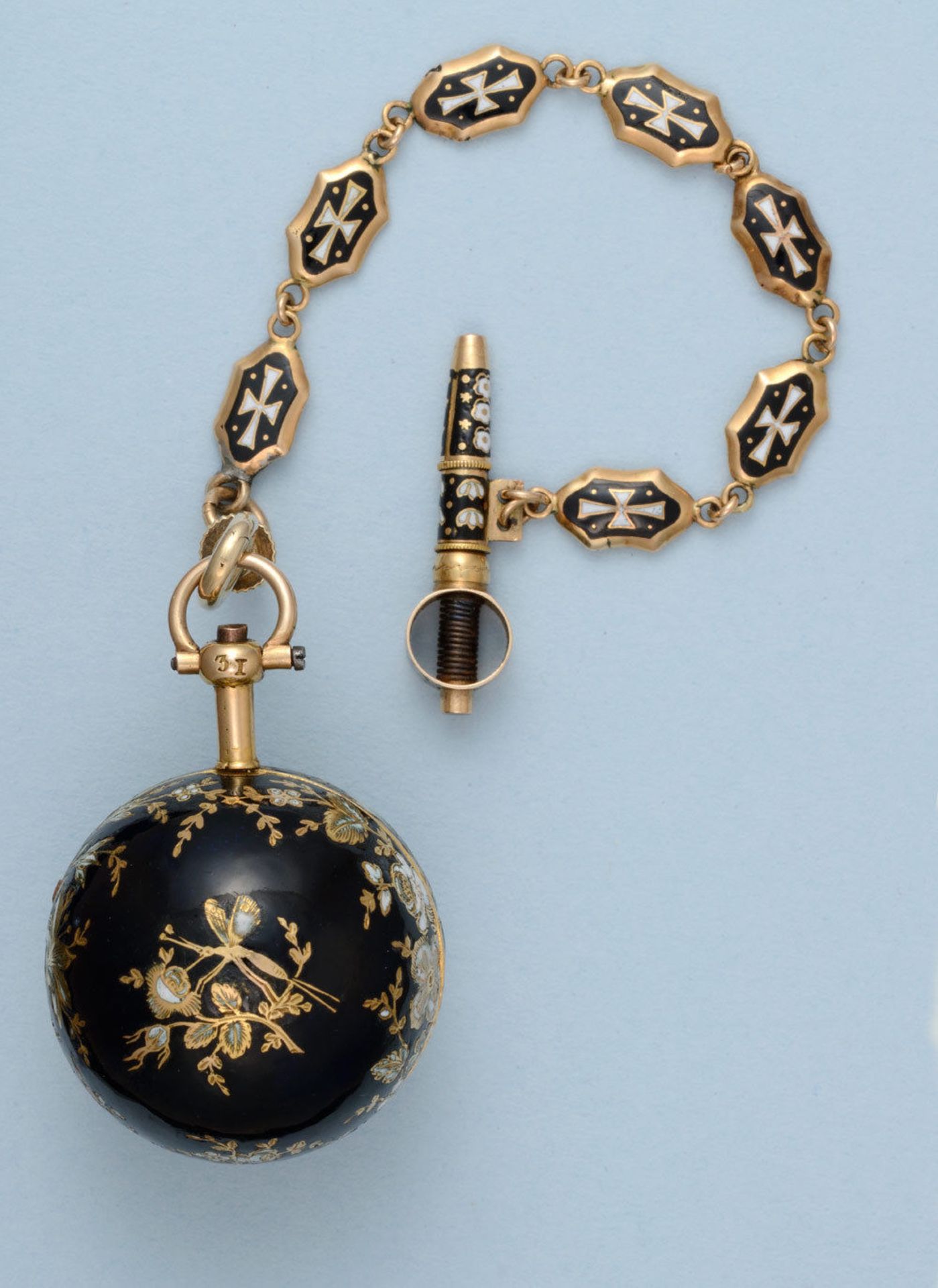 Gold and Enamel Verge Ball Watch and Chain - Image 3 of 7