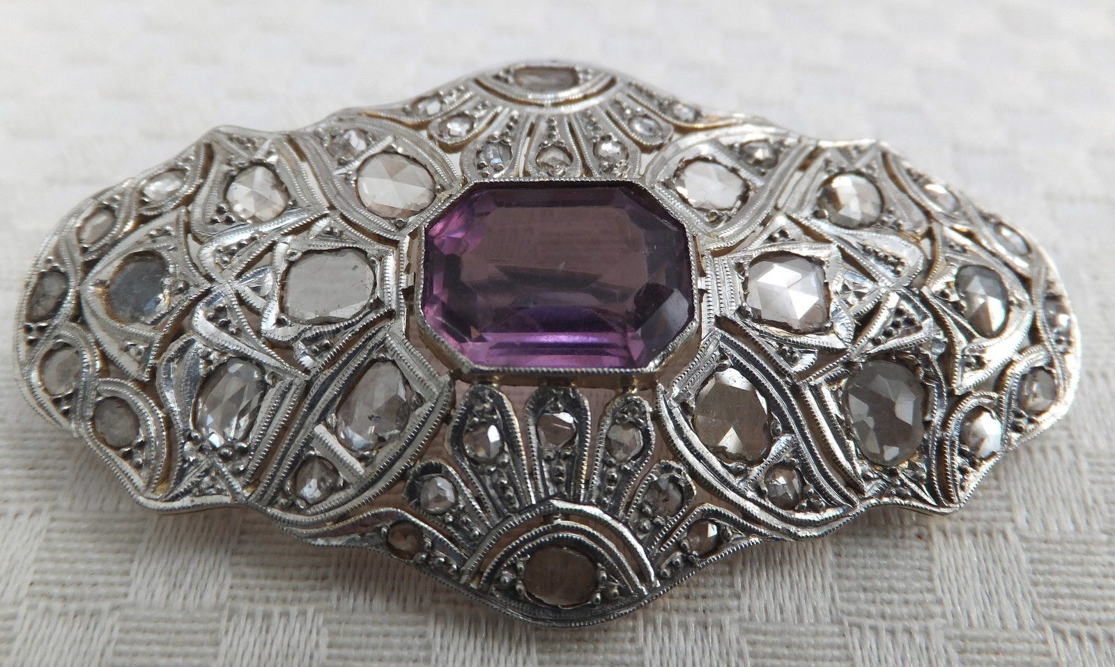 Antique 18ct Gold Emerald Cut Amethyst & Diamond Brooch