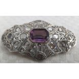 Antique 18ct Gold Emerald Cut Amethyst & Diamond Brooch