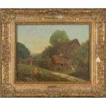 "Bauernkate in sommerlicher Landschaft". Gemälde, Öl auf Leinwand (flächig doubliert), unten links