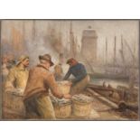 Ölgemälde ROBERT JOBLING 1916. Fischersleute mit reichem Fang im Hafen von Newcastle. Öl auf