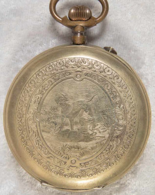 Große "ANCRE" - Taschenuhr, vernickeltes Metallgehäuse, hinterer Deckel mit jagdlicher Gravur. - Image 10 of 10