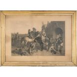 Gerahmte Lithographie bez.: "MORNING OF THE CHASE HADDON HOLL IN DAYS OF YORE.". In prachtvoll
