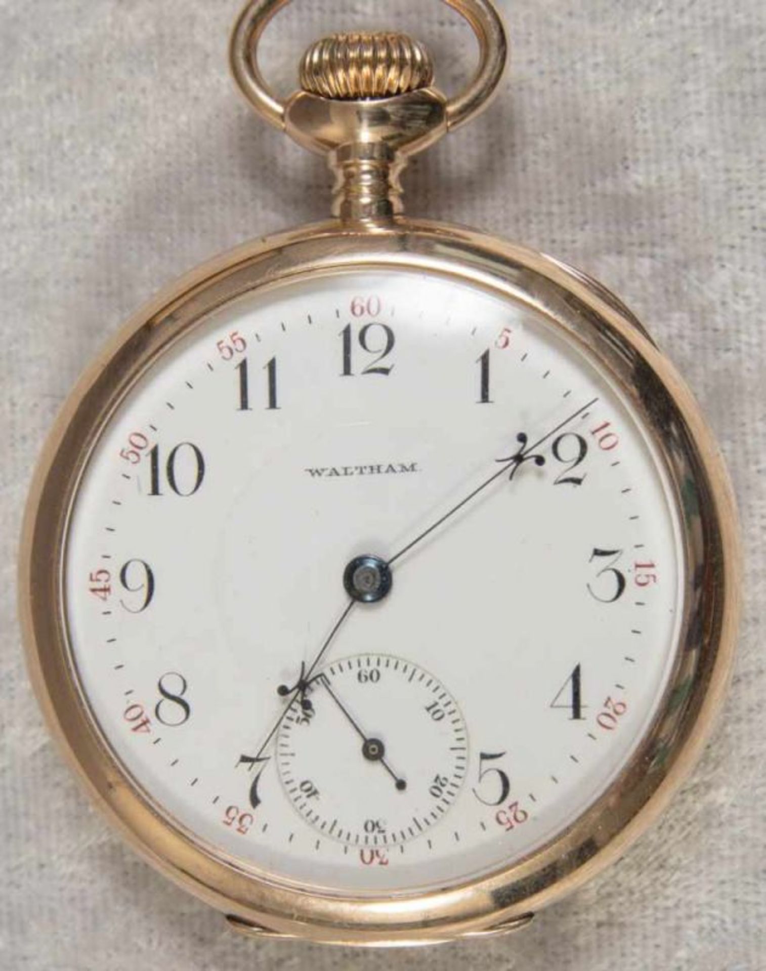 "WALTHAM", 585er Gelbgold Halbsavonette Herrentaschenuhr, Werksno. 7596706, Gehäuseno. 47644.