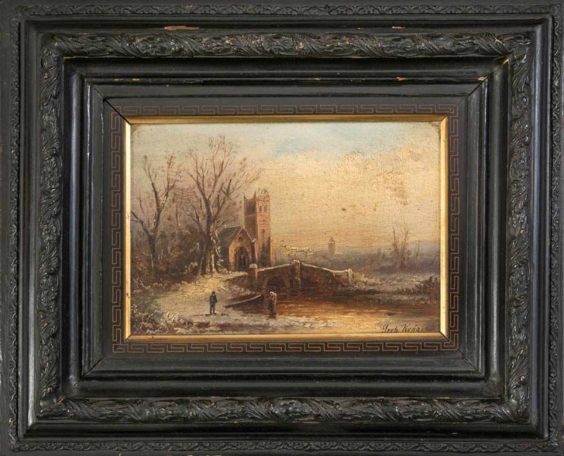 "Mecklenburgische Winterlandschaft". Gemälde, Öl auf Holztafel, ca. 17,5 x 25,5 cm, signiert:
