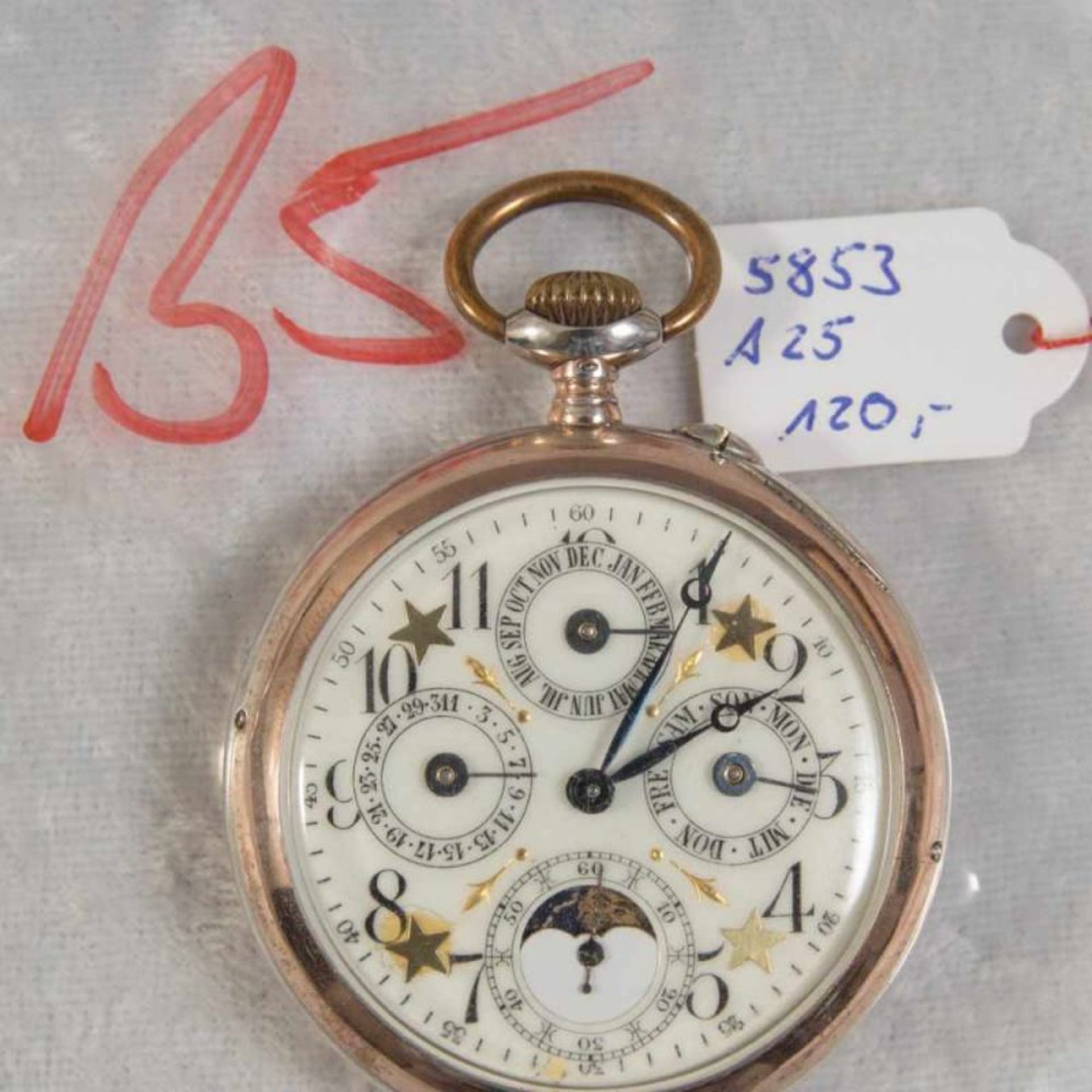 Antike Herrentaschenuhr um 1900/20. 800er Silbergehäuse, teilvergoldet. Ziffernblatt mit Anzeigen - Bild 8 aus 9