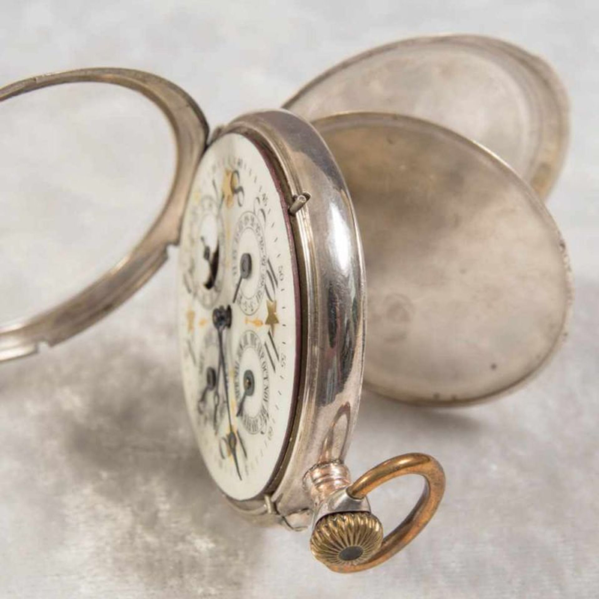 Antike Herrentaschenuhr um 1900/20. 800er Silbergehäuse, teilvergoldet. Ziffernblatt mit Anzeigen - Bild 7 aus 9