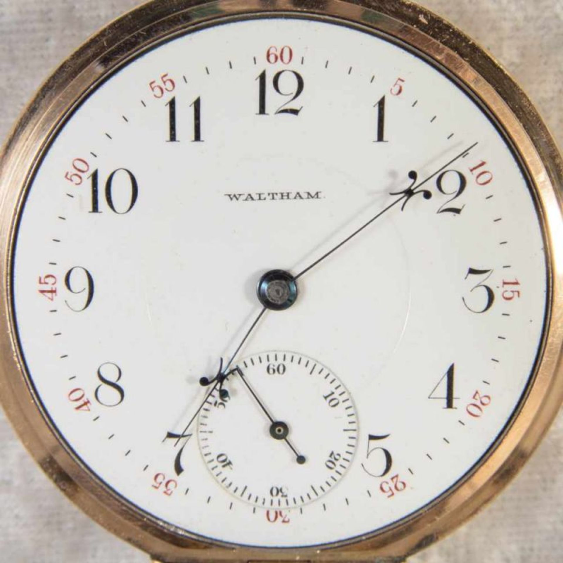 "WALTHAM", 585er Gelbgold Halbsavonette Herrentaschenuhr, Werksno. 7596706, Gehäuseno. 47644. - Bild 2 aus 8