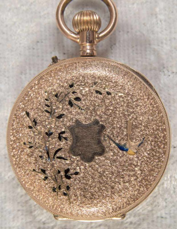 Kleine Damentaschenuhr, Gehäuse in 585er Gelbgold, Rückdeckel aufwändig floral graviert. Um 1900. - Image 8 of 8