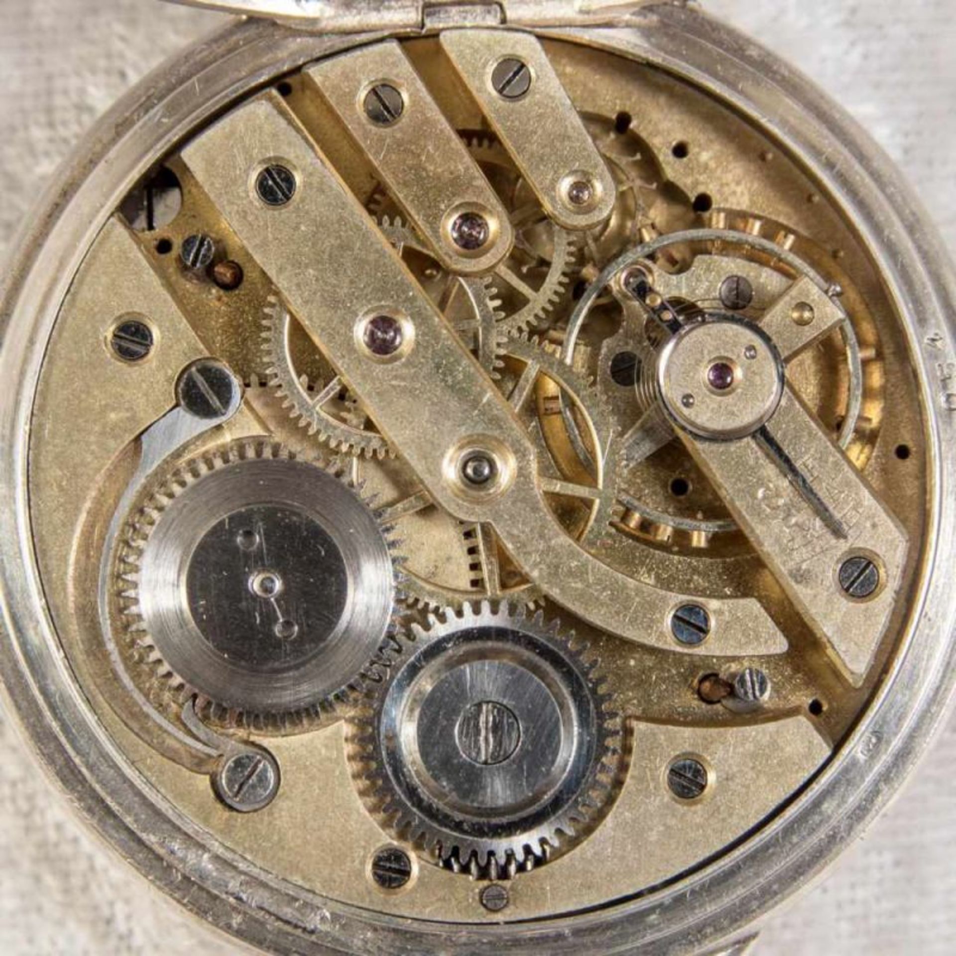 Antike Herrentaschenuhr um 1900/20. 800er Silbergehäuse, teilvergoldet. Ziffernblatt mit Anzeigen - Bild 2 aus 9