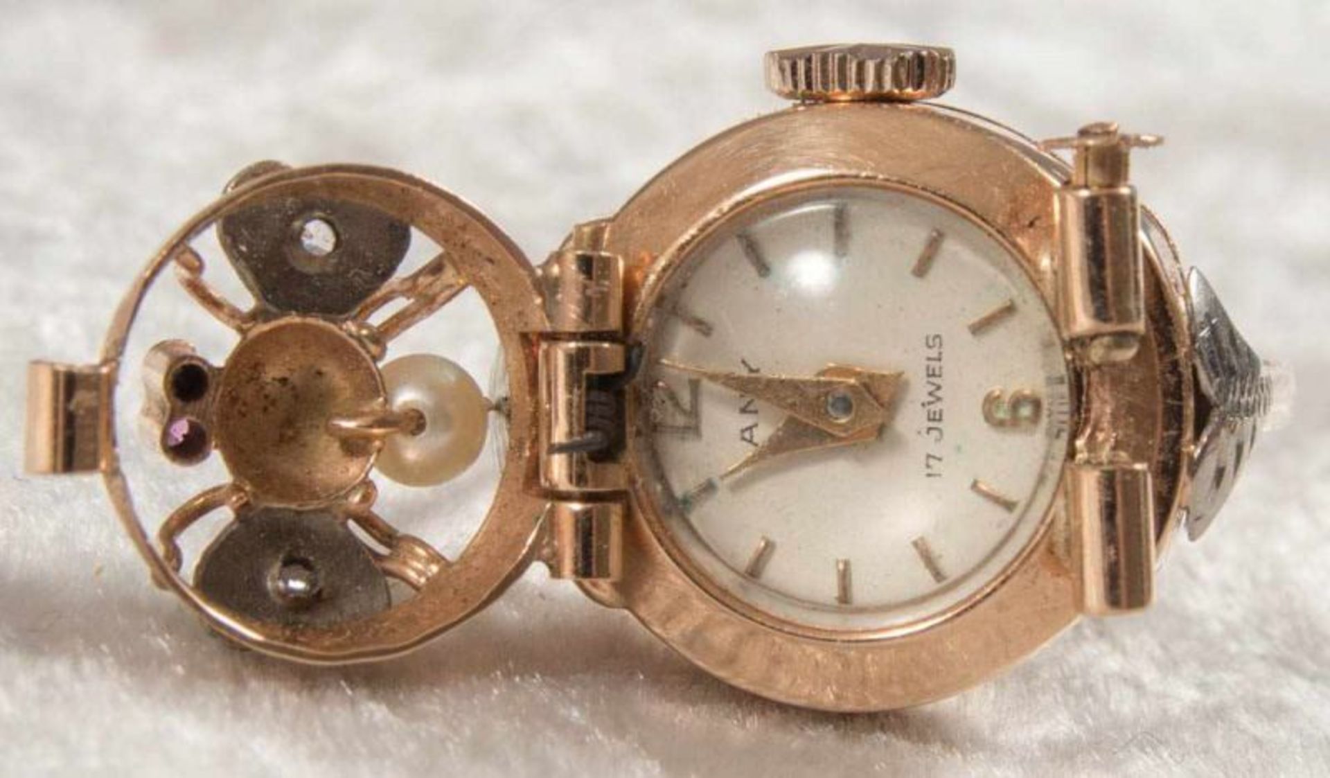 Ringuhr, 750er Gelbgold, Ziffernblatt bez. "ANY" - 17 Jewels, Handaufzug, Werk läuft an, nicht auf - Bild 6 aus 7