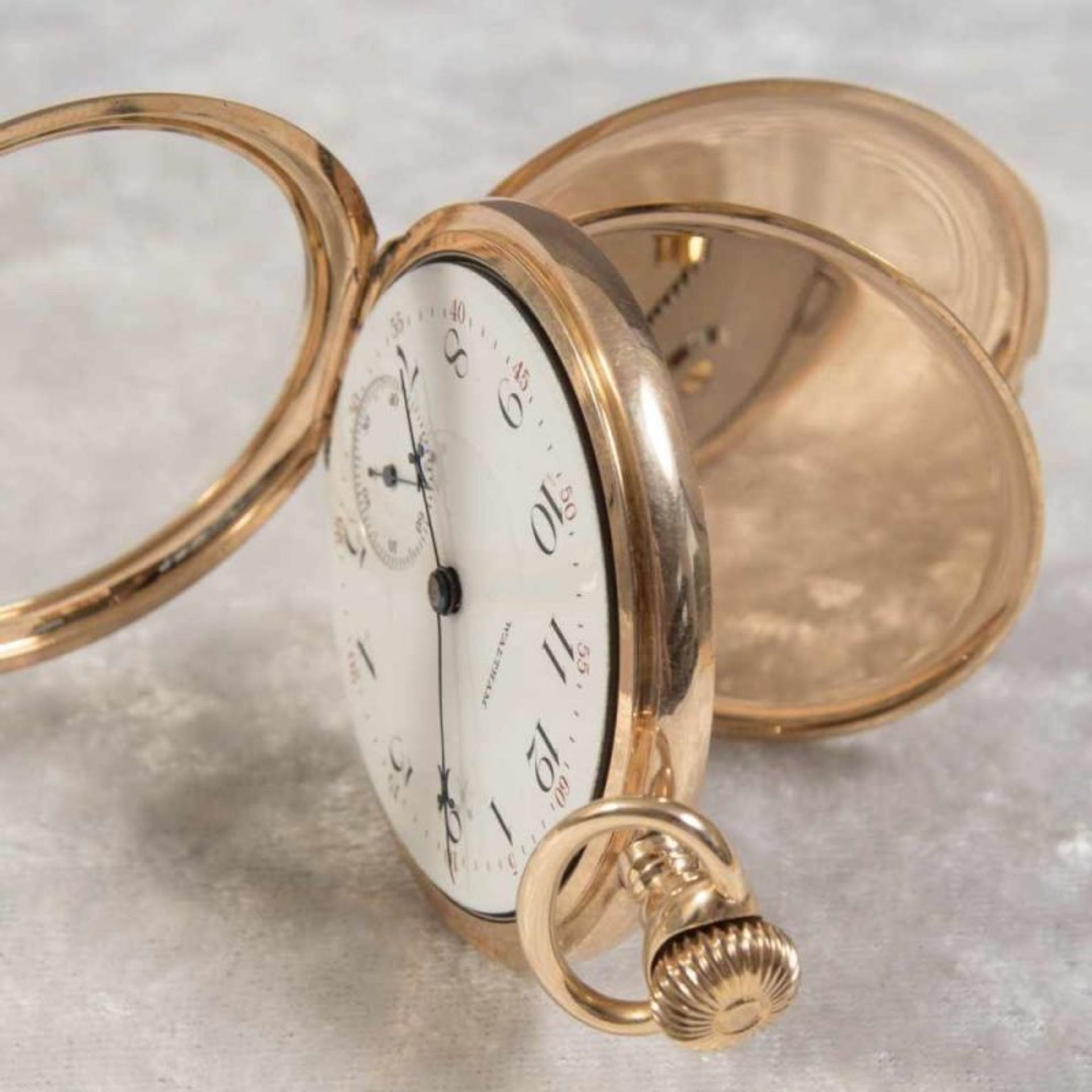 "WALTHAM", 585er Gelbgold Halbsavonette Herrentaschenuhr, Werksno. 7596706, Gehäuseno. 47644. - Bild 3 aus 8