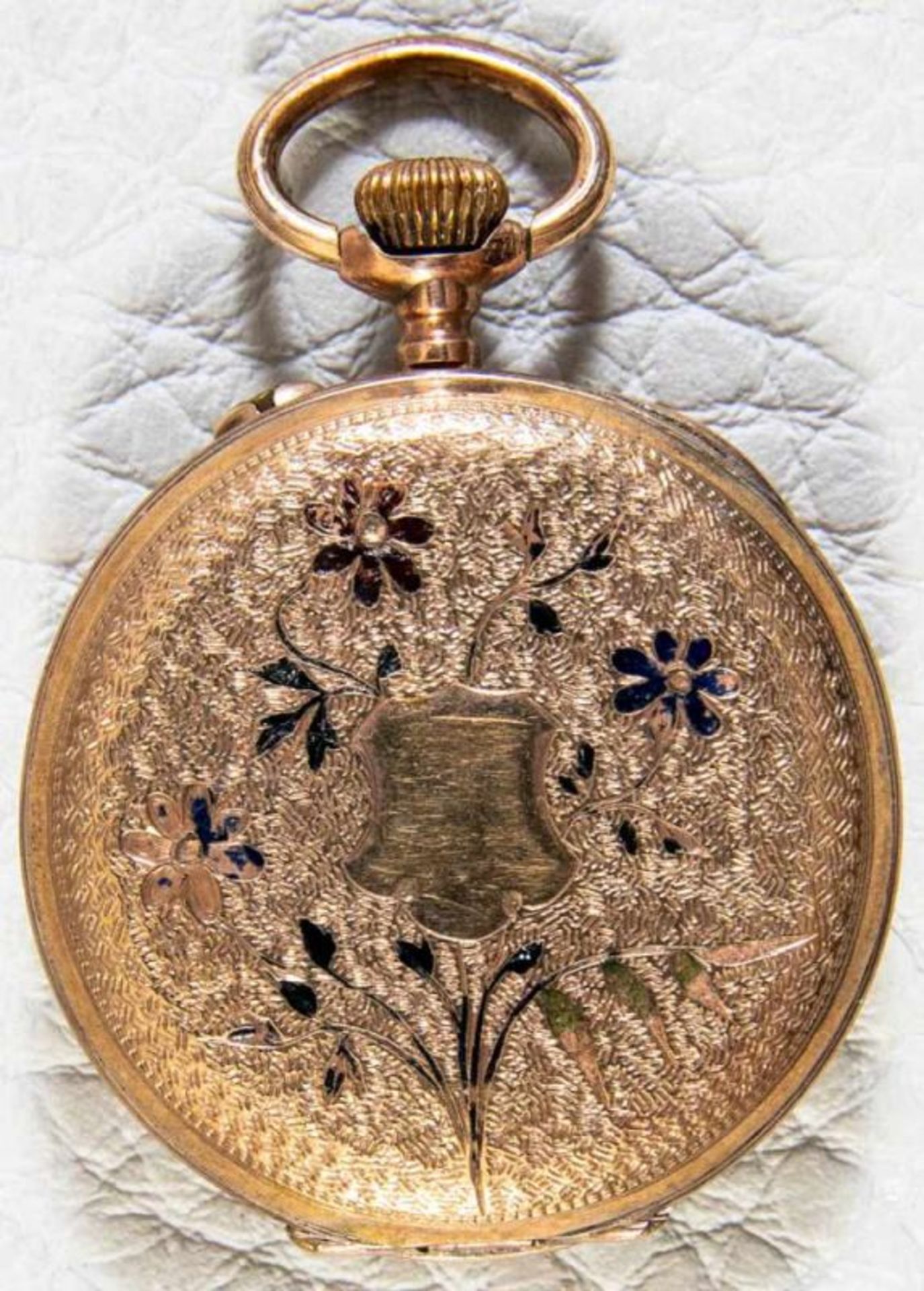 Antike Damentaschenuhr um 1890/1900, Gold?. Gehäusedurchmesser ca. 30 mm. Floral verzierter - Bild 5 aus 5