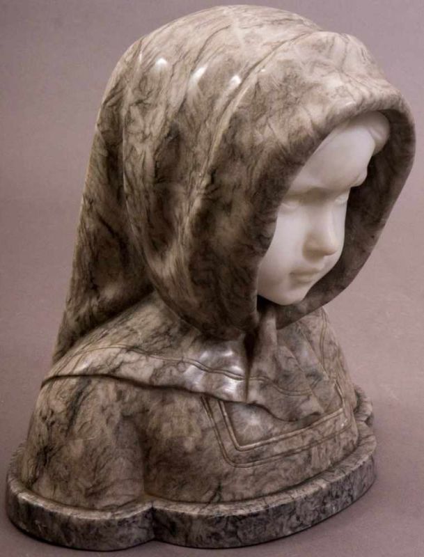 "Mädchenbüste" - Grauweiß geaderter Marmor, das Gesicht in Alabaster ausgeführt. Um 1900/20. Sehr - Image 3 of 4