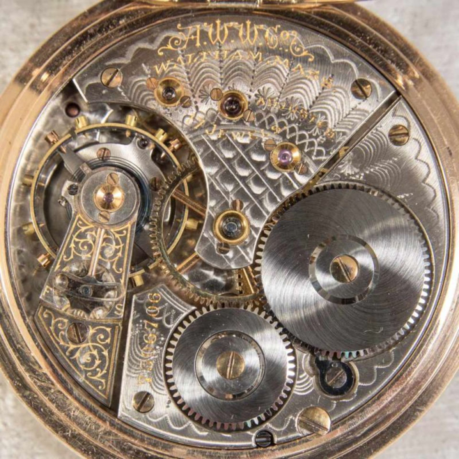 "WALTHAM", 585er Gelbgold Halbsavonette Herrentaschenuhr, Werksno. 7596706, Gehäuseno. 47644. - Bild 7 aus 8