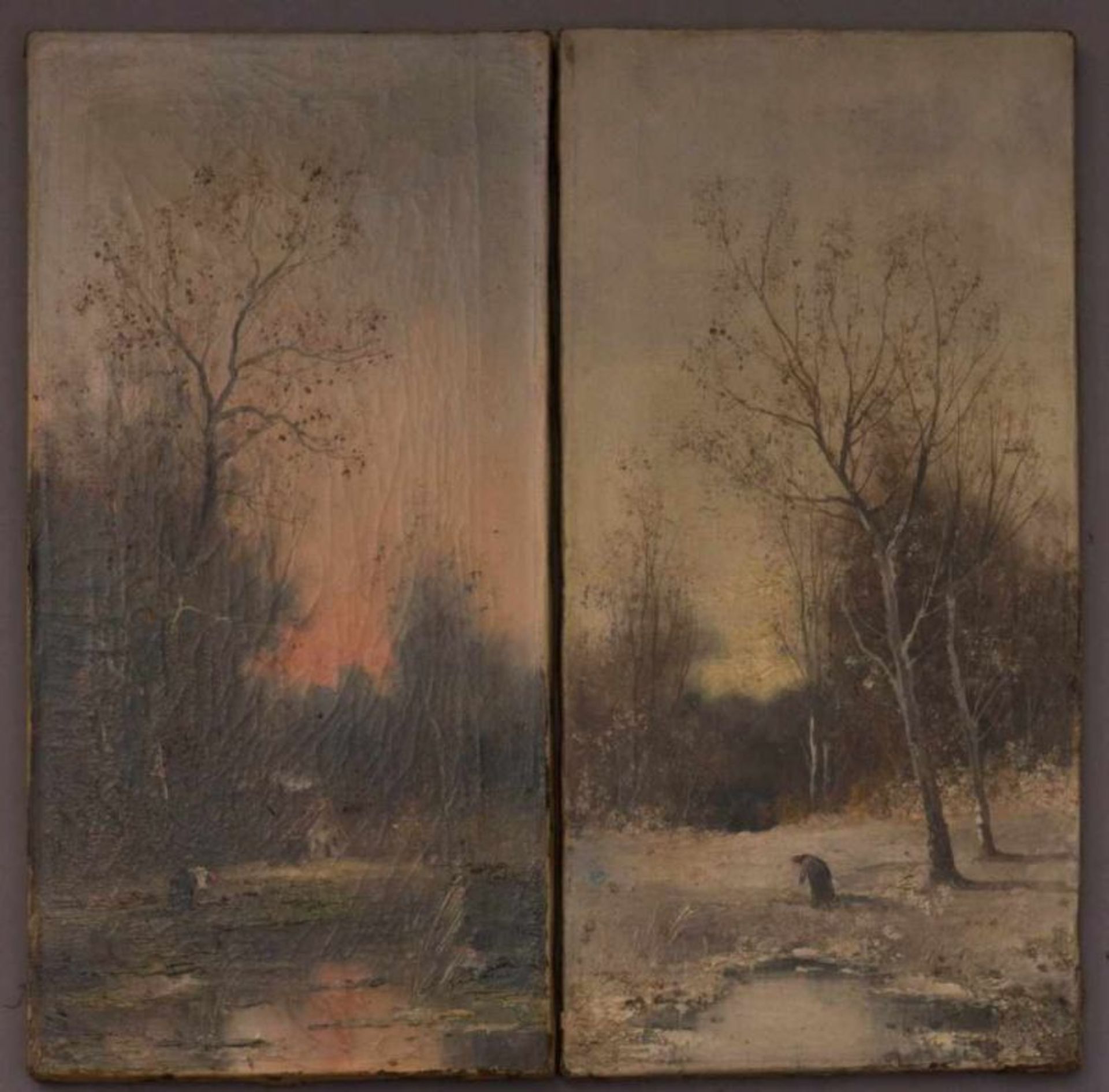 Paar schmaler, hochformatiger Landschaftsgemälde, Öl auf Leinwand, um 1900, ungerahmt. Je ca. 53,5 x