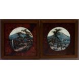 Paar japanischer Lackwandbilder, um 1900/20. Gerahmte Landschaften auf Holzplatten, Gemälde mit