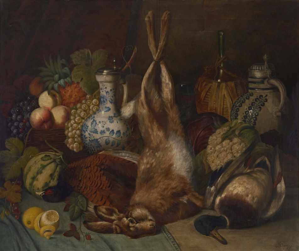 CORREGGIO, JOSEPH 1810 Wolfratshausen - 1891 München Stillleben mit erlegtem Hasen, Ente, Früchten