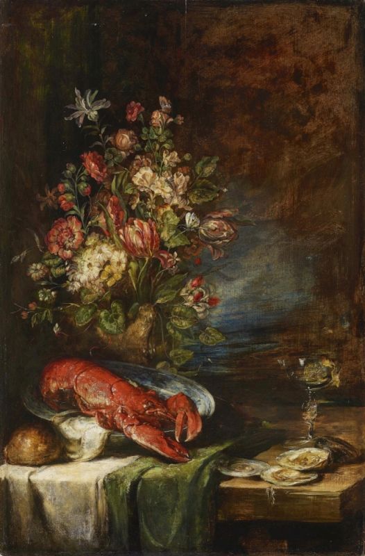 UNBEKANNT im Stil des 17. Jhs. Stillleben mit Blumen, Hummer und Austern Öl auf Holz. 103,5 x 68 cm.