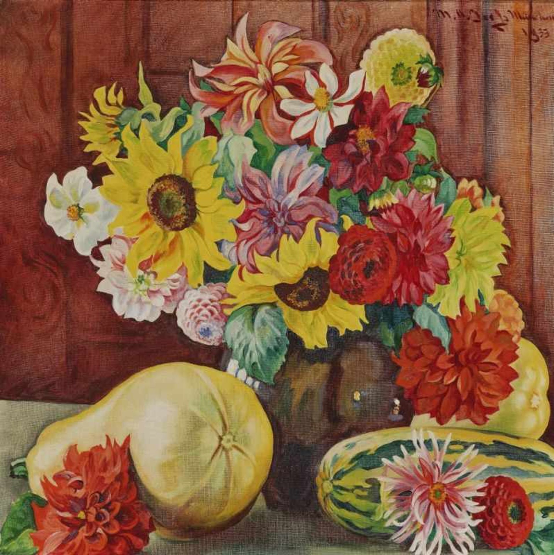 Jooß, Melanie Alice 1883 Stuttgart - 1940 München Stillleben mit Dahlien, Sonnenblumen und Kürbissen