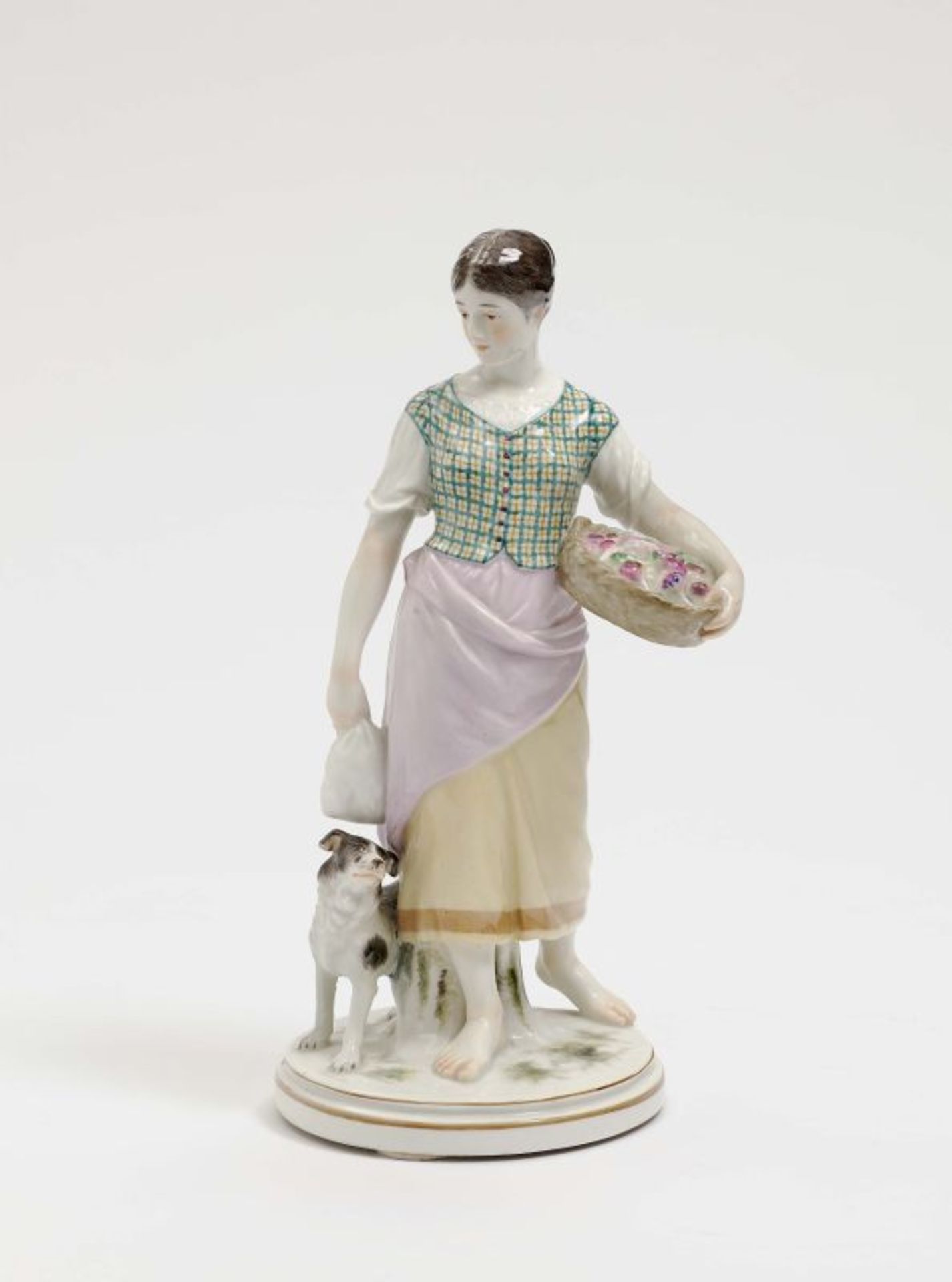 Landmädchen mit Wachtelhund Meissen, Modell von Jacob Unger, um 1901 - 1904 Porzellan. Farbstaffage.